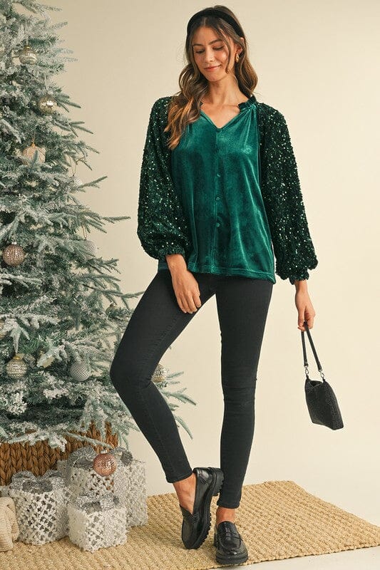 Holiday Velvet Top with Sequin Sleeves Shewin 