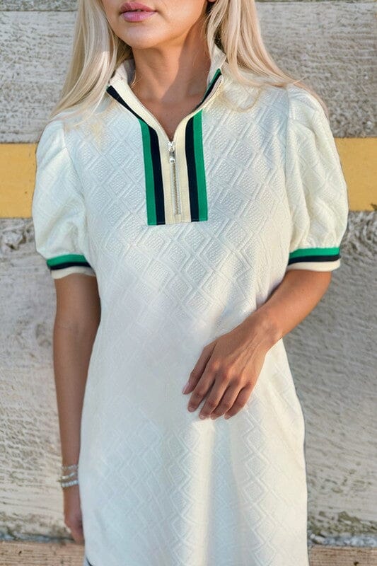 Ivory Textured Dress with Striped Collar Detail Shewin 
