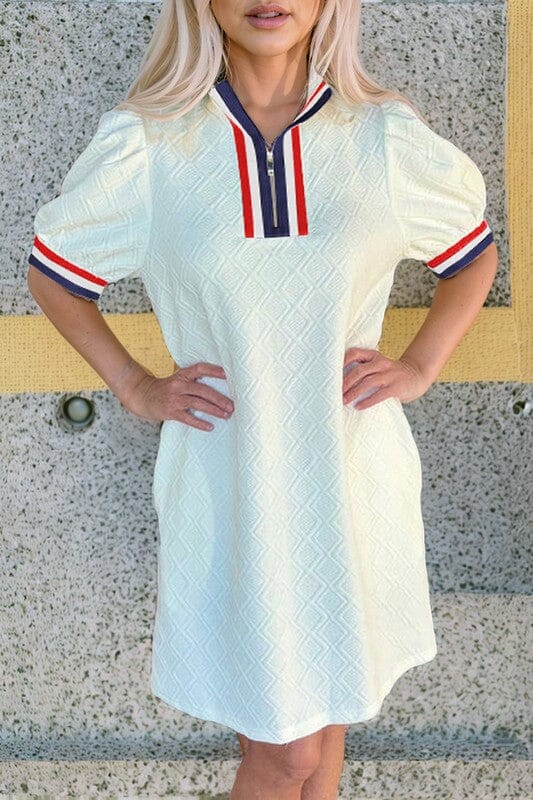 Ivory Textured Dress with Striped Collar Detail Shewin small Navy/Red 