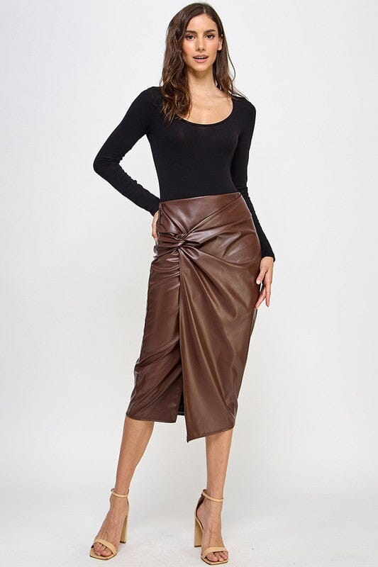 Knot Front Faux Leather Midi Skirt SNAP-Something New And Pretty 