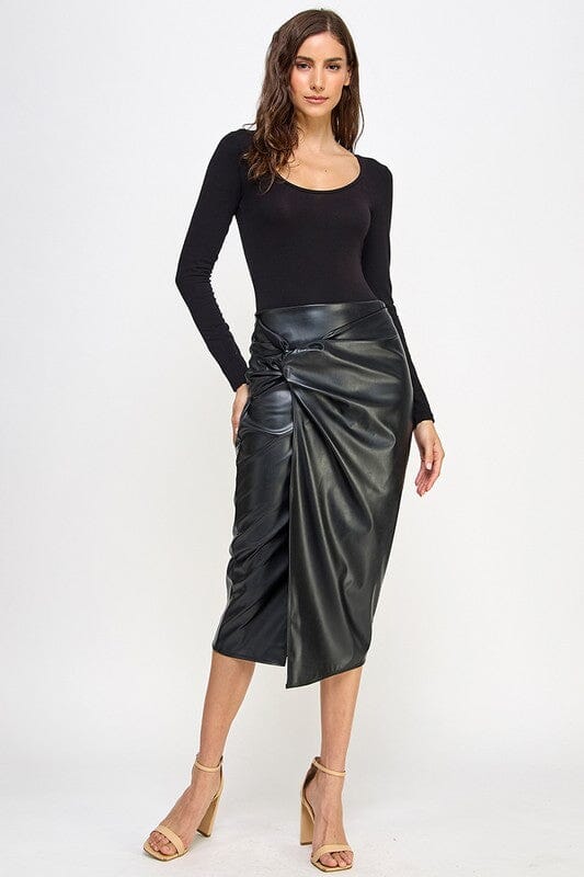 Knot Front Faux Leather Midi Skirt SNAP-Something New And Pretty 