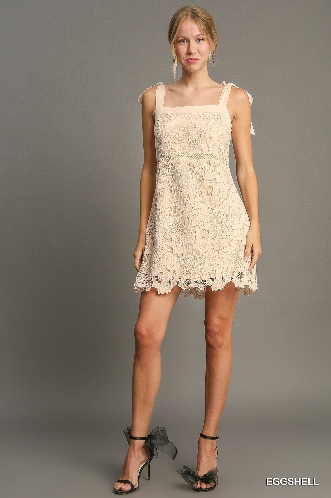 Lace Square Neck Bow Shoulder Dress Umgee 