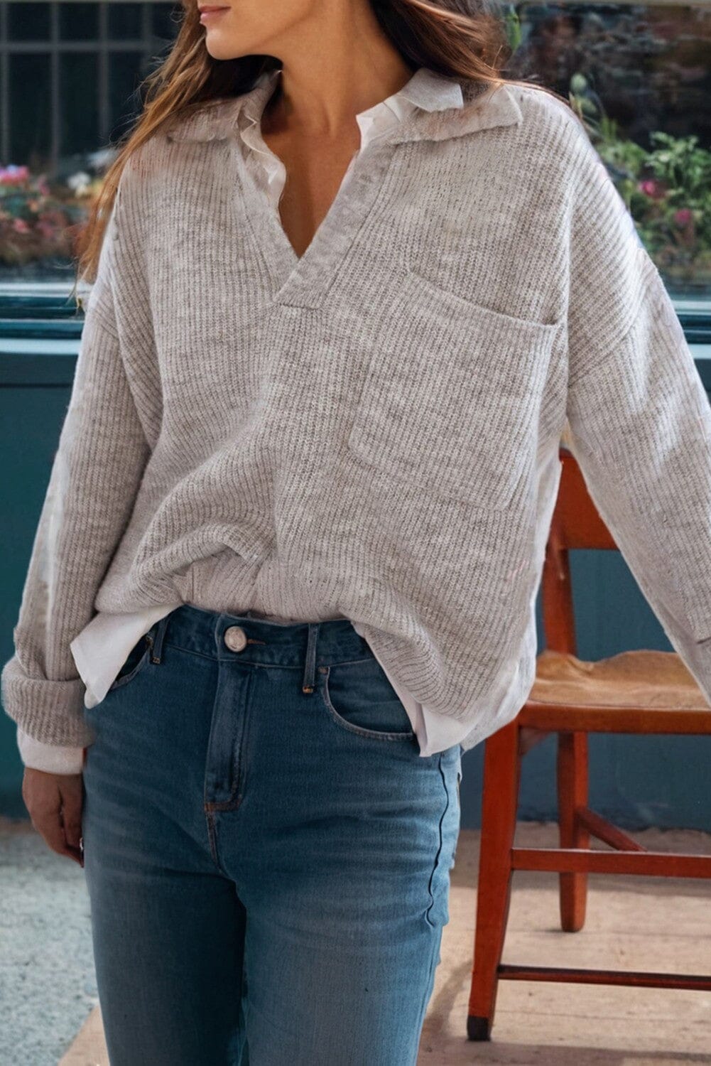 Lapel Collar V Neck Drop Shoulder Sweater Kentce 