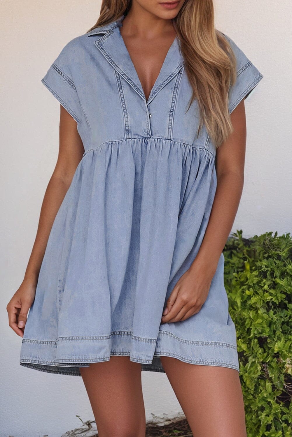 Lapel Neck Cap Sleeve High Waist Denim Dress Kentce 