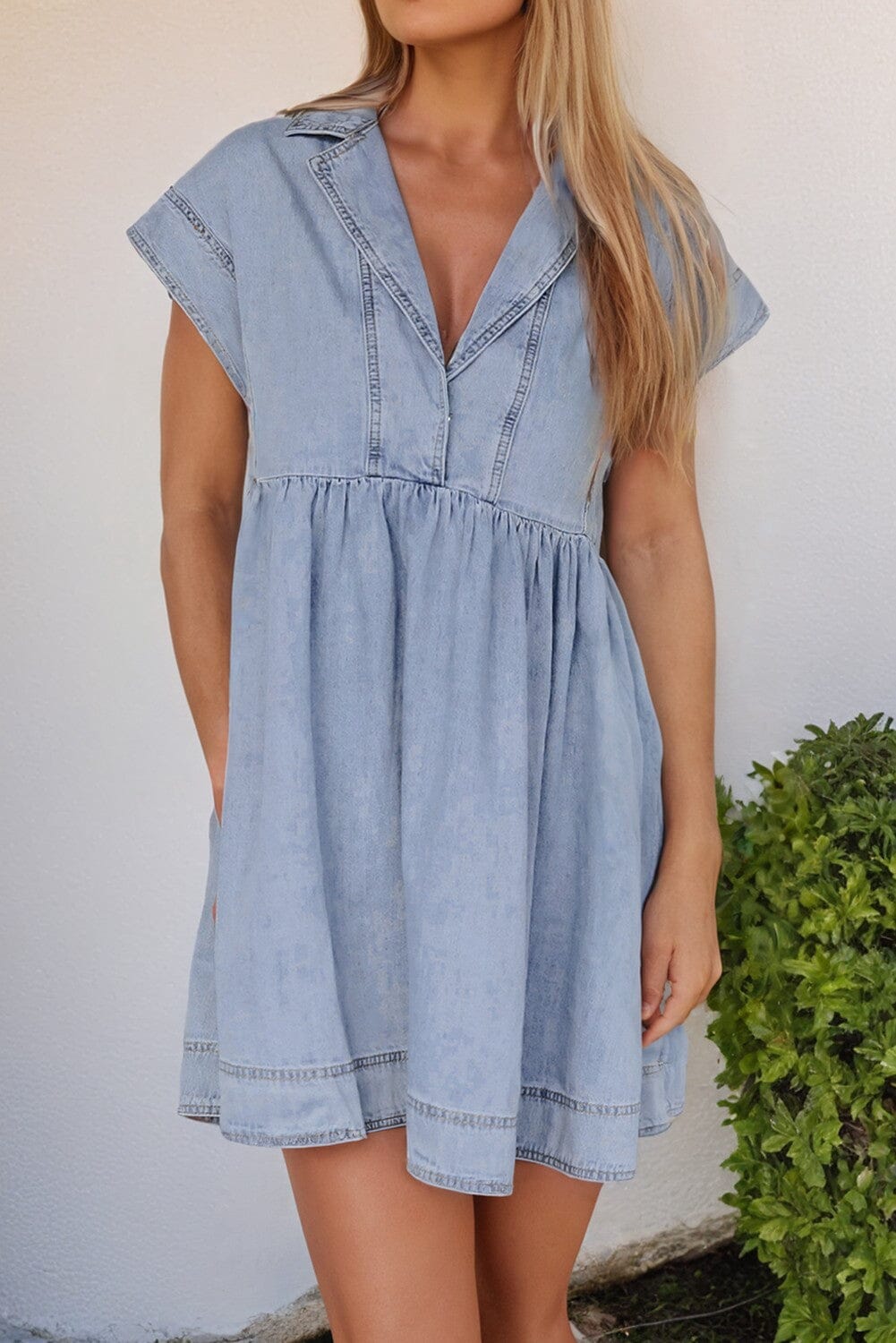 Lapel Neck Cap Sleeve High Waist Denim Dress Kentce 