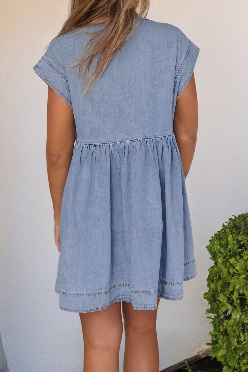 Lapel Neck Cap Sleeve High Waist Denim Dress Kentce 