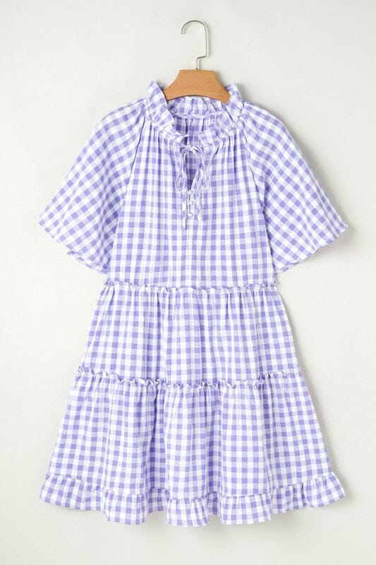 Lavender Gingham Dress with Frilled Neck Detail Shewin 