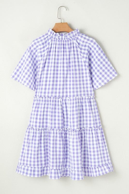 Lavender Gingham Dress with Frilled Neck Detail Shewin 
