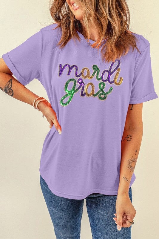 Lavender Sequin Script Mardi Gras Tee Shewin 