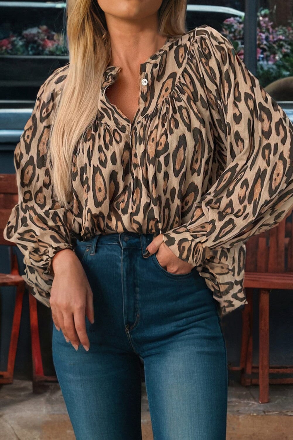 Leopard Balloon Sleeve Casual Shirt Kentce 