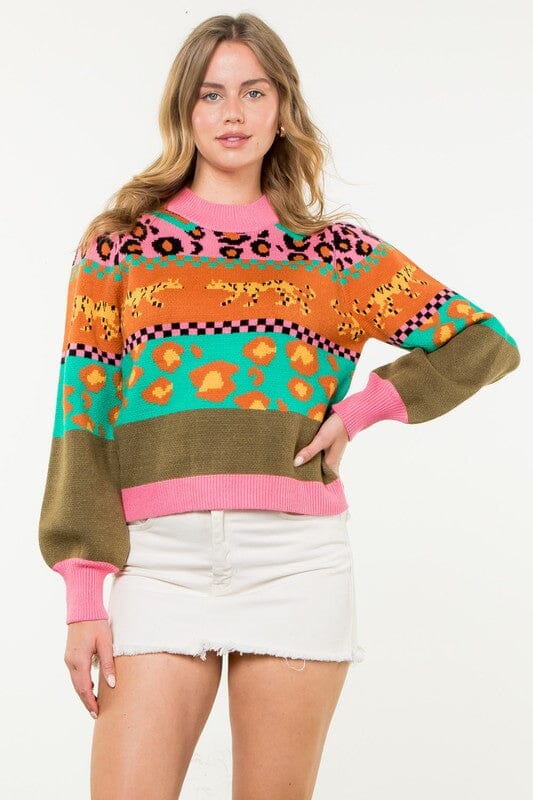 Leopard Colorblock Striped Sweater THML 