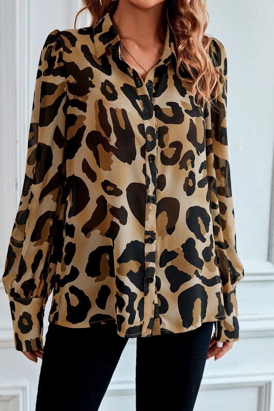 Leopard Puff Sleeve Collared Top Kentce 