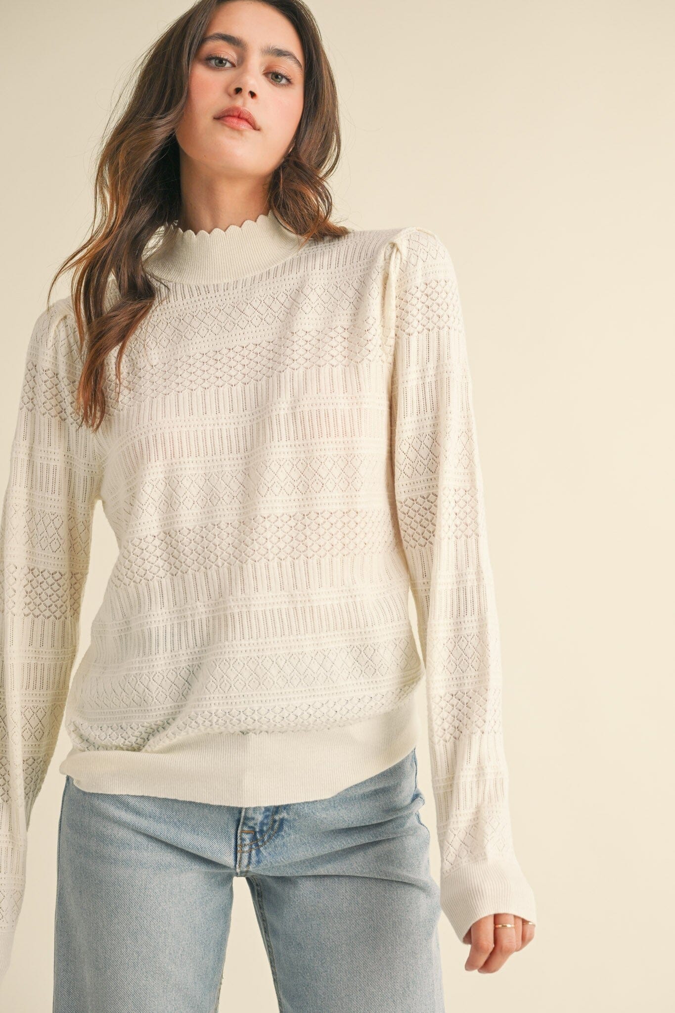 LIGHTWEIGHT POINTELLE KNIT MOCK NECK SWEATER &merci 