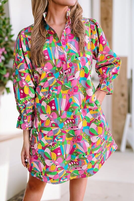 Magenta Abstract Lantern Sleeve Dress Shewin 