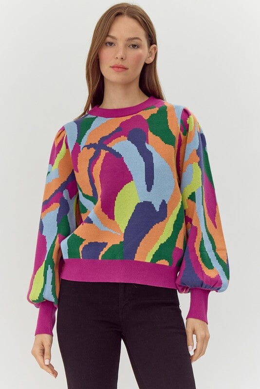 Magenta Abstract Puff Sleeve Sweater Jodifl 