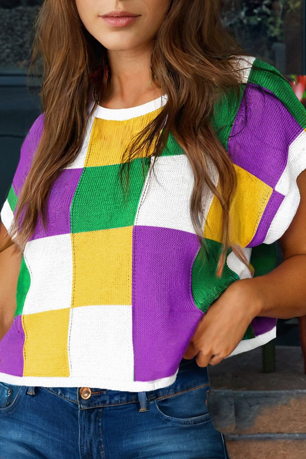 Mardi Gras Color Block Cap Sleeve Sweater Kentce 