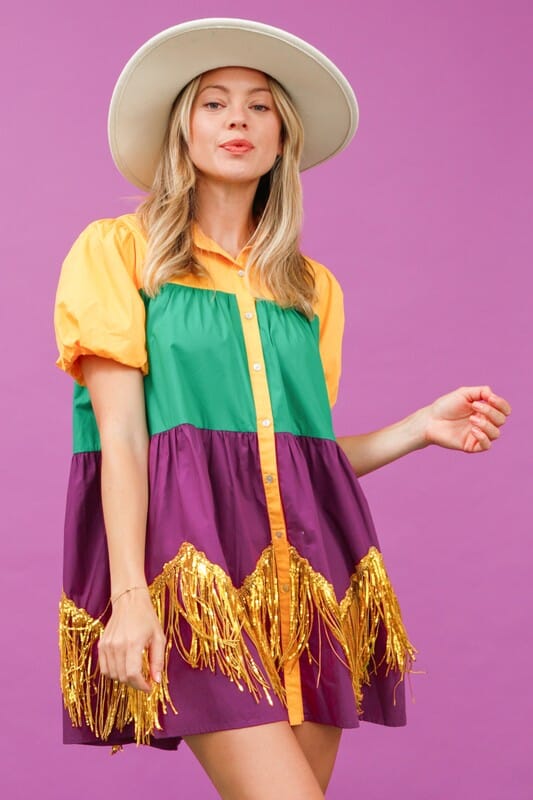 Mardi Gras Color Block Dress with Fringe Detail fantastic fawn 