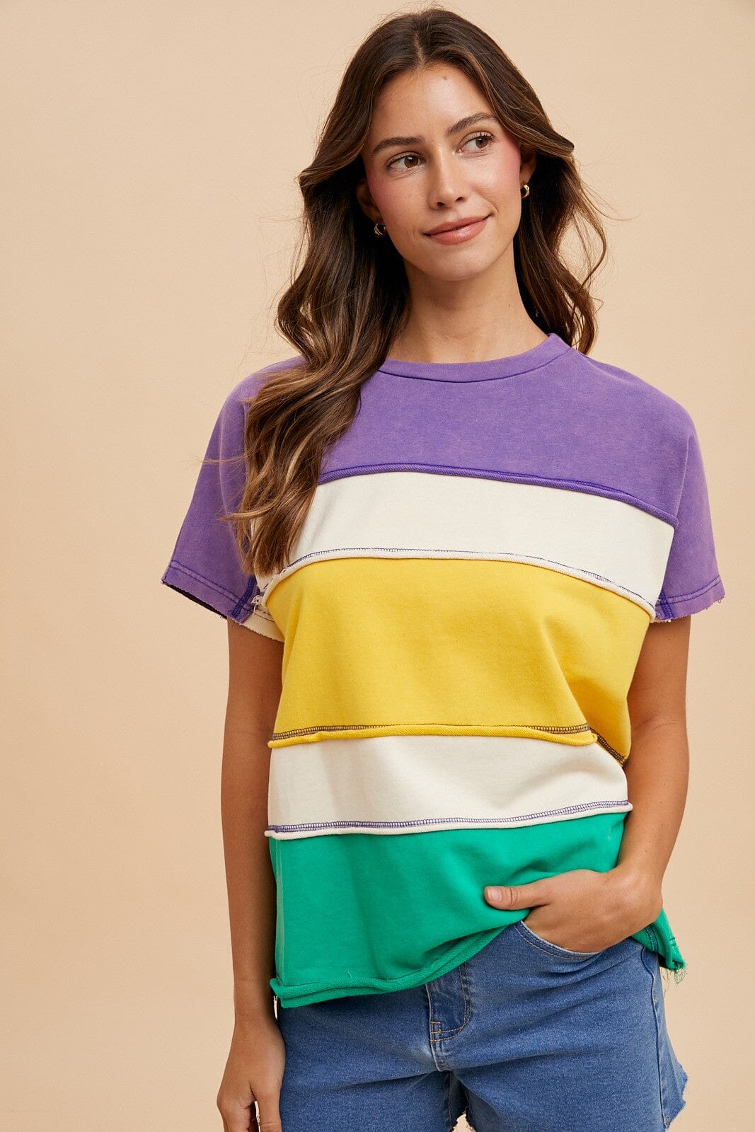 MARDI GRAS COLOR BLOCK TOP RAW HEM Annie Wear 