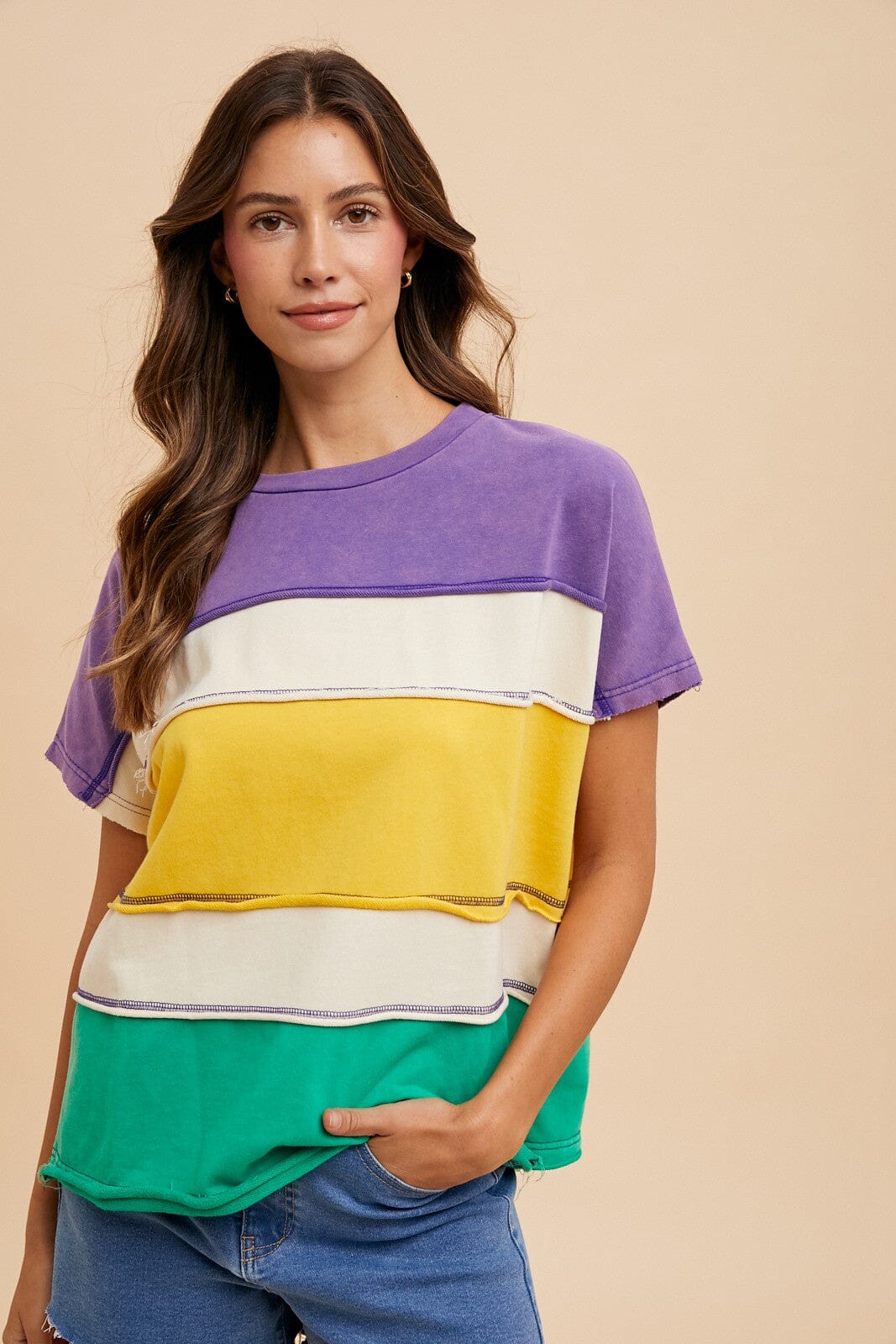 MARDI GRAS COLOR BLOCK TOP RAW HEM Annie Wear 