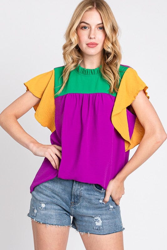 Mardi Gras Colorblock Flutter Sleeve Top sewn and seen 