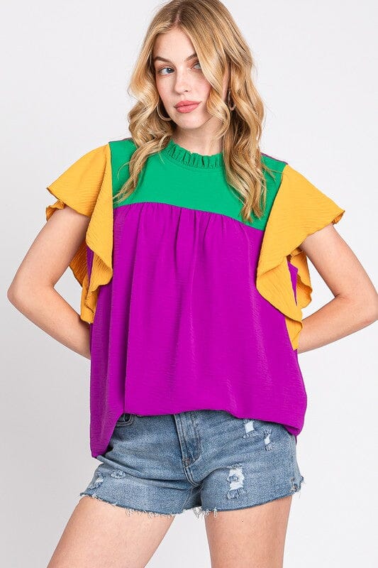 Mardi Gras Colorblock Flutter Sleeve Top sewn and seen 
