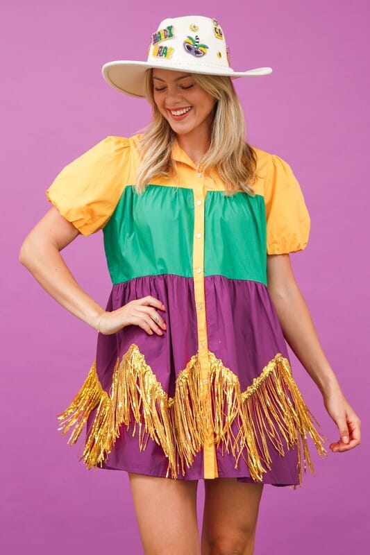 Mardi Gras Colorblock Poplin Dress with Fringe fantastic fawn 