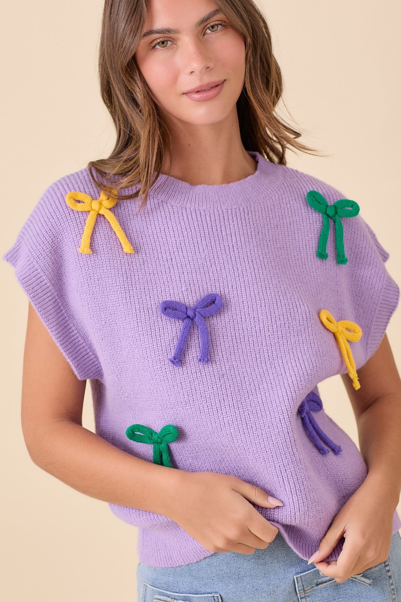 Mardi Gras Ribbon Bow Knit Top Main Strip 