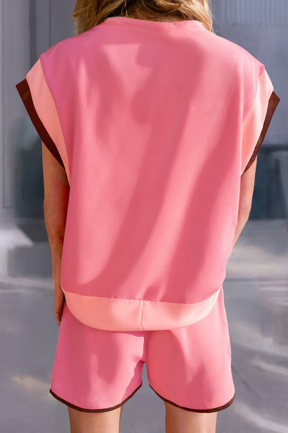 Mauve Color Block Loose Fit Top and Wide Leg Shorts Set Kentce 