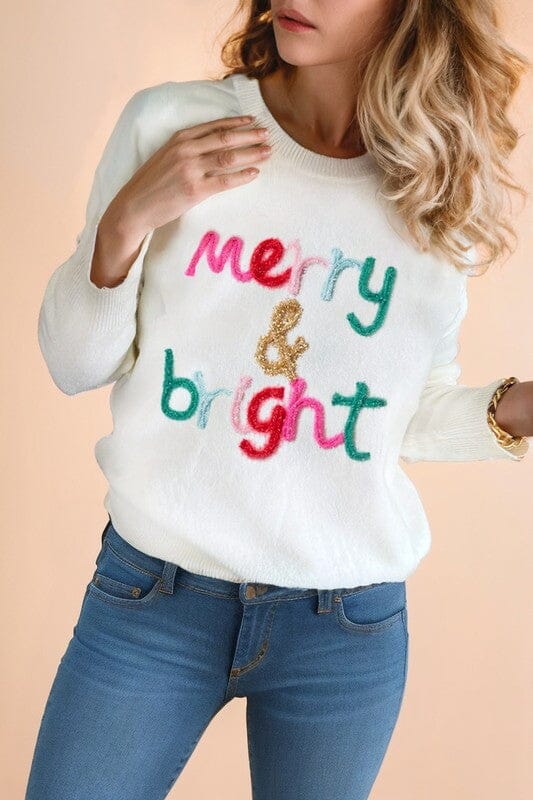 Merry & Bright Rainbow Tinsel Script Sweater Shewin 