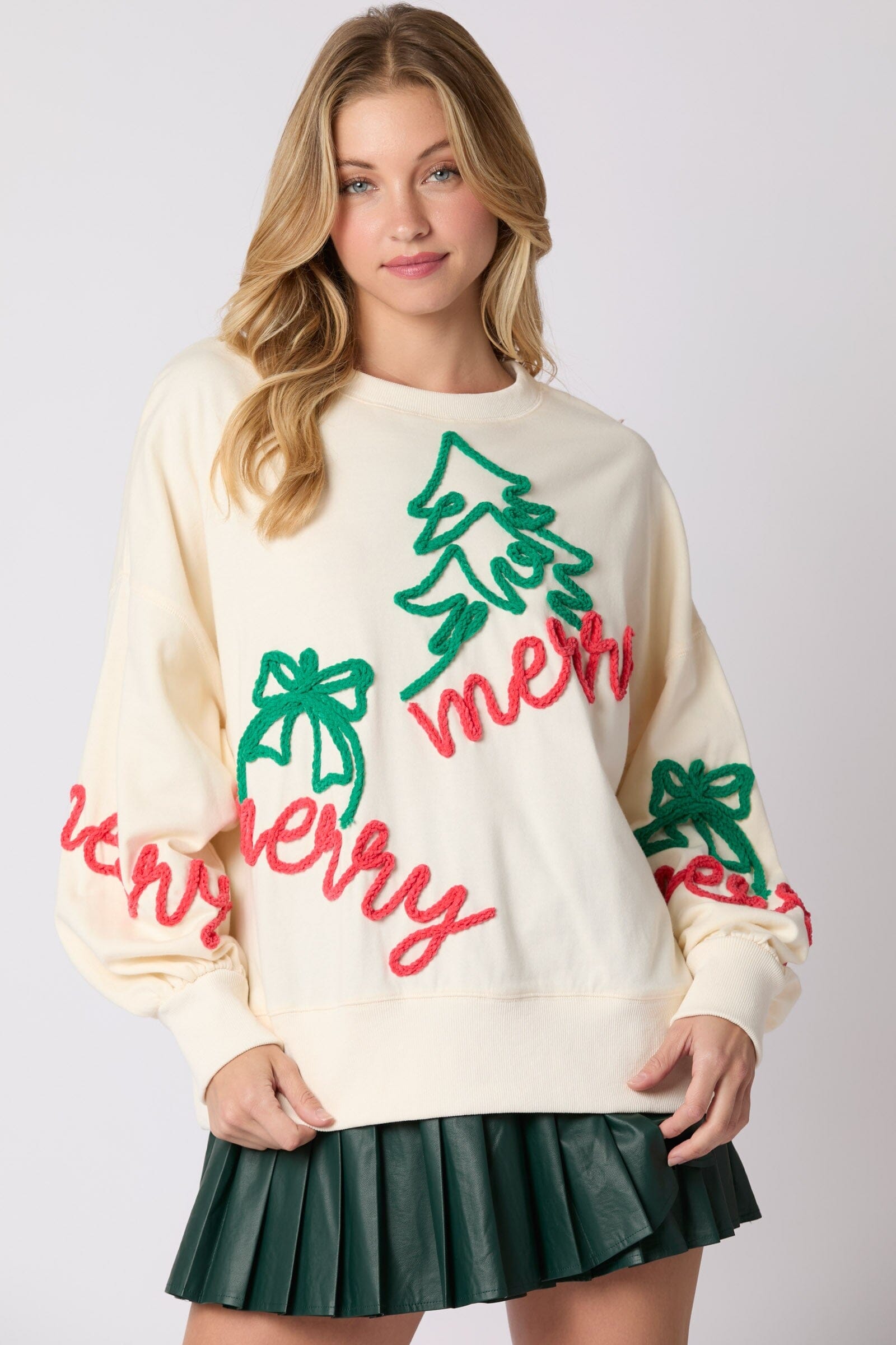 'Merry' Thread Embroidery Oversized Sweatshirts peach love california 