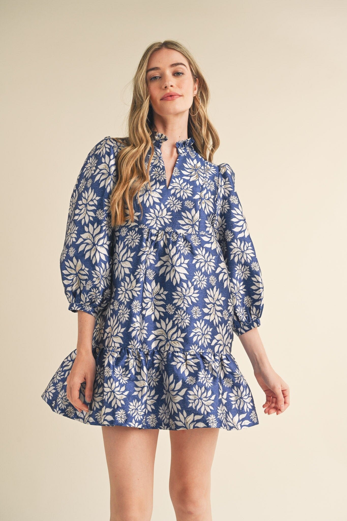 METALLIC JACQUARD PUFF SLEEVE MINI DRESS &merci 