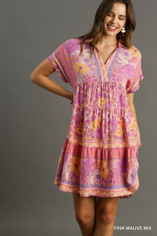 Mixed Border Print Collared Dress Umgee 