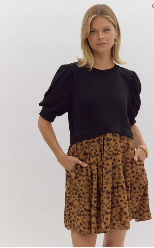 Mixed Media Black/Cheetah Print Dress entro 
