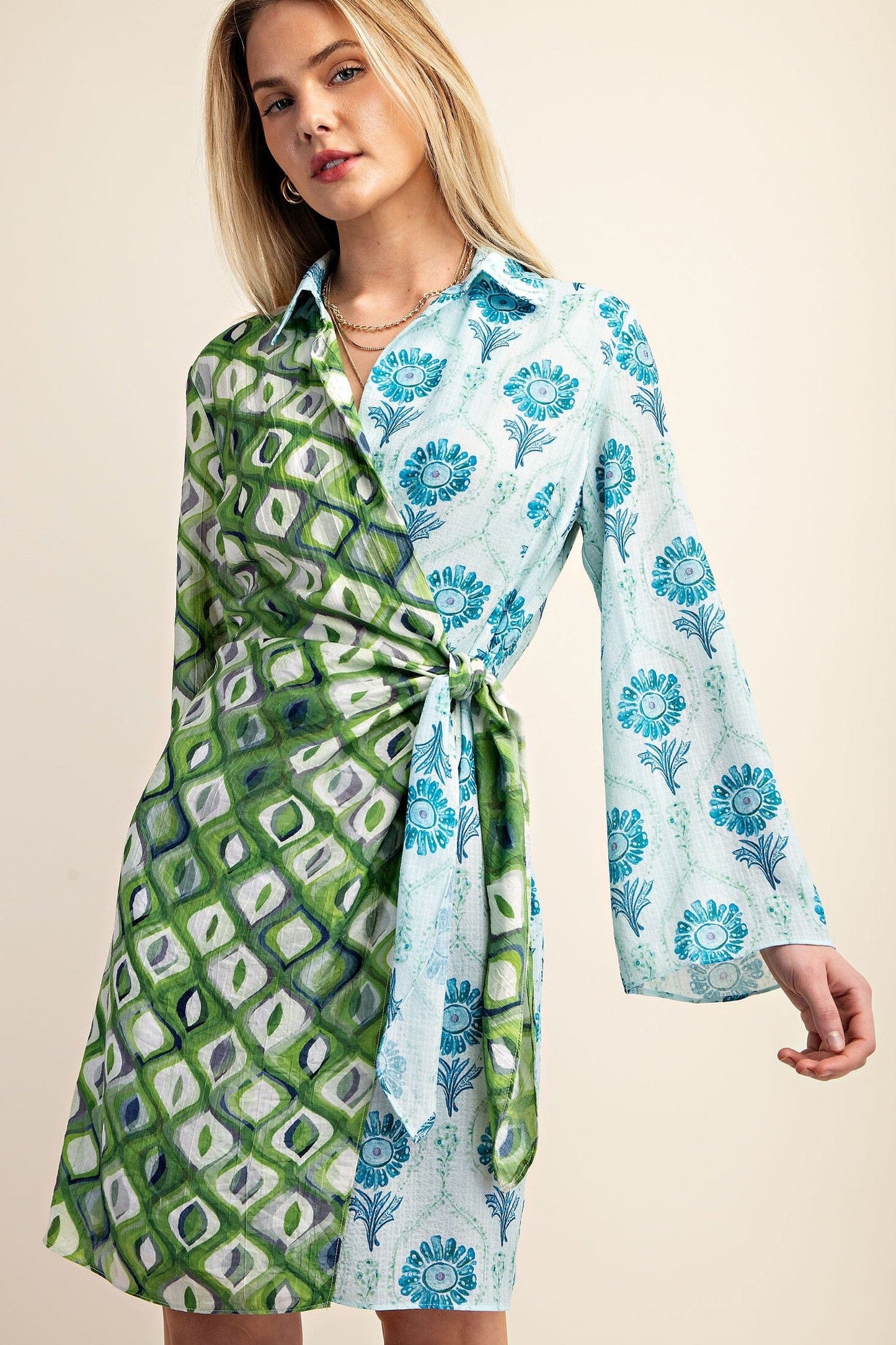 Mixed Print Long Sleeve Wrap Mini Dress Gigio 