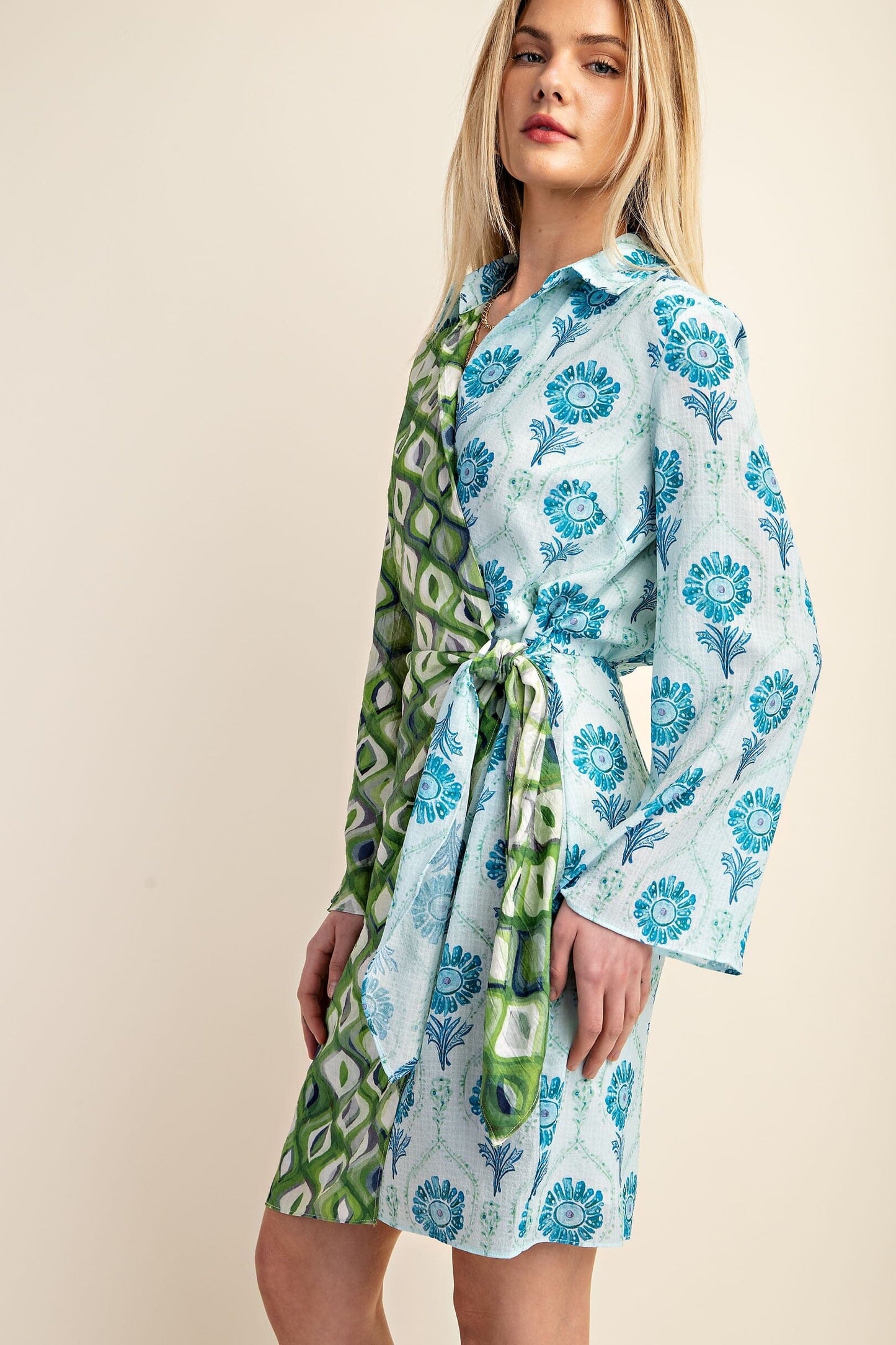 Mixed Print Long Sleeve Wrap Mini Dress Gigio 