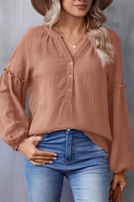 Mocha Gauzy Bubble Sleeve Top Kentce 