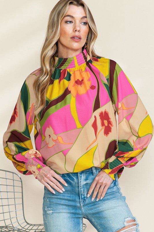 Mock Neck Abstract Floral Top Shewin 