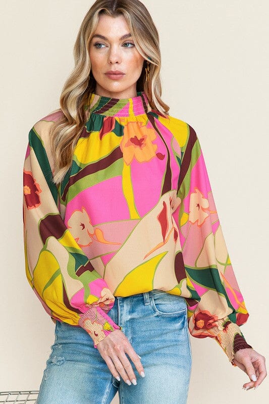 Mock Neck Abstract Floral Top Shewin 