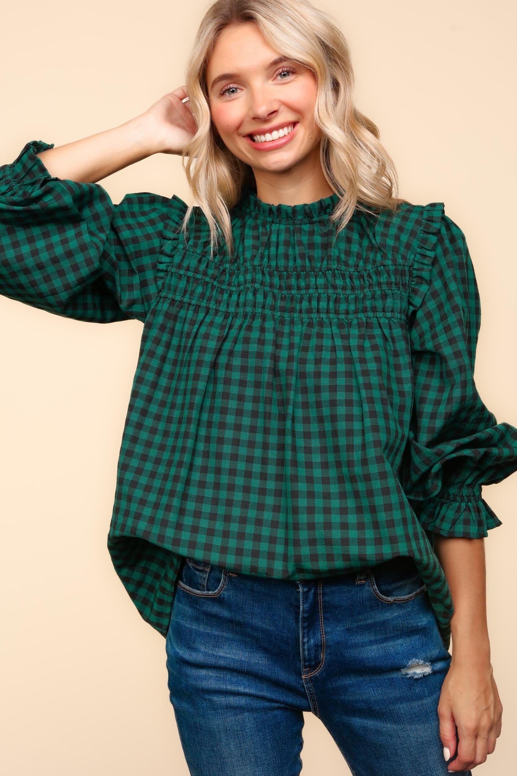 MOCK NECK GINGHAM CHECK WOVEN BLOUSE TOP Haptics 