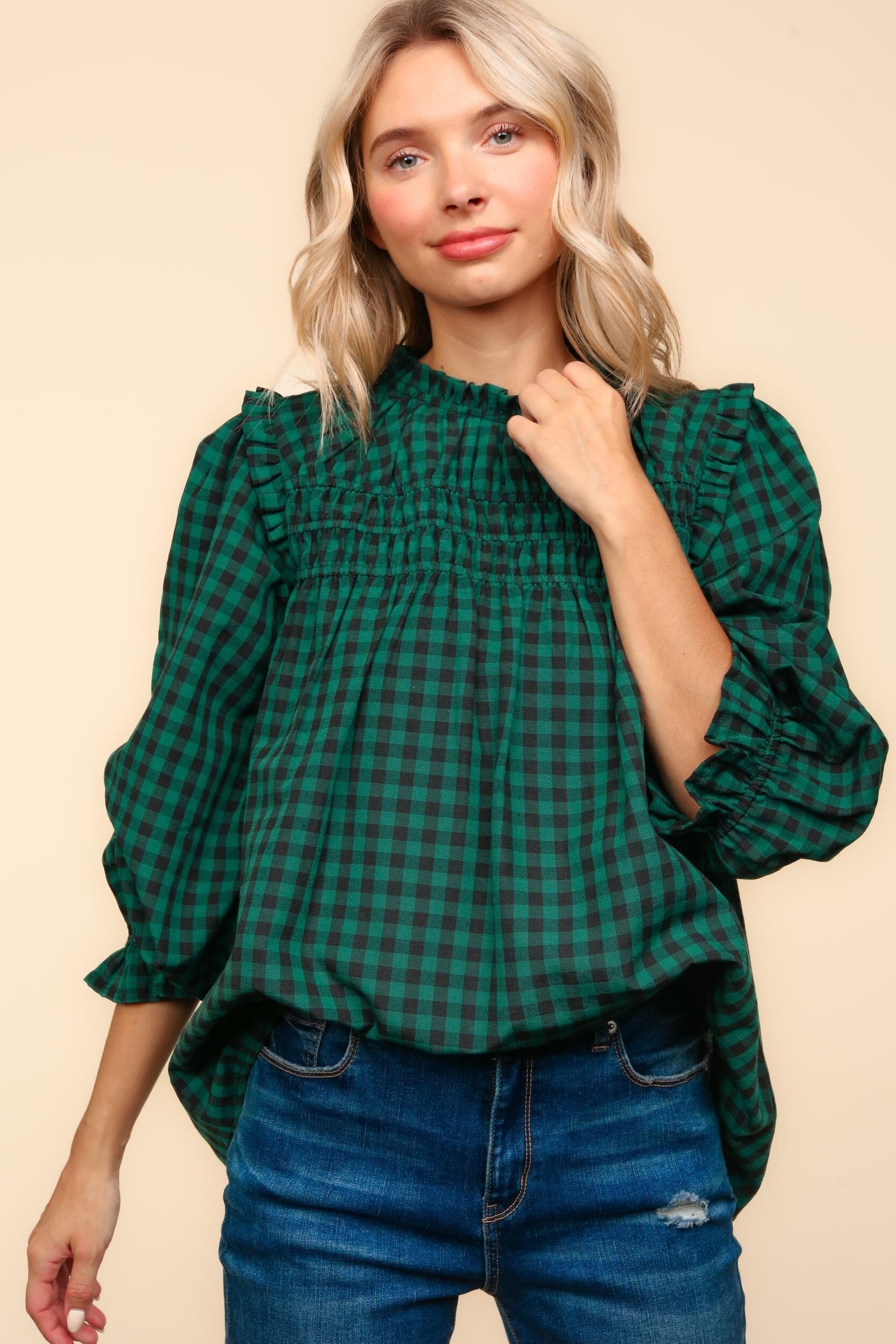 MOCK NECK GINGHAM CHECK WOVEN BLOUSE TOP Haptics 