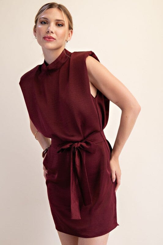 Mock Neck Satin Dress GLAM small Burgundy 