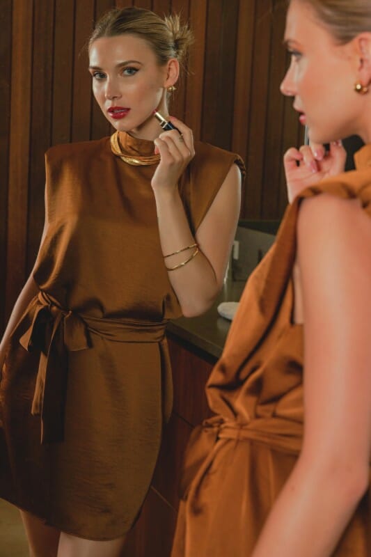 Mock Neck Satin Dress GLAM small Copper 
