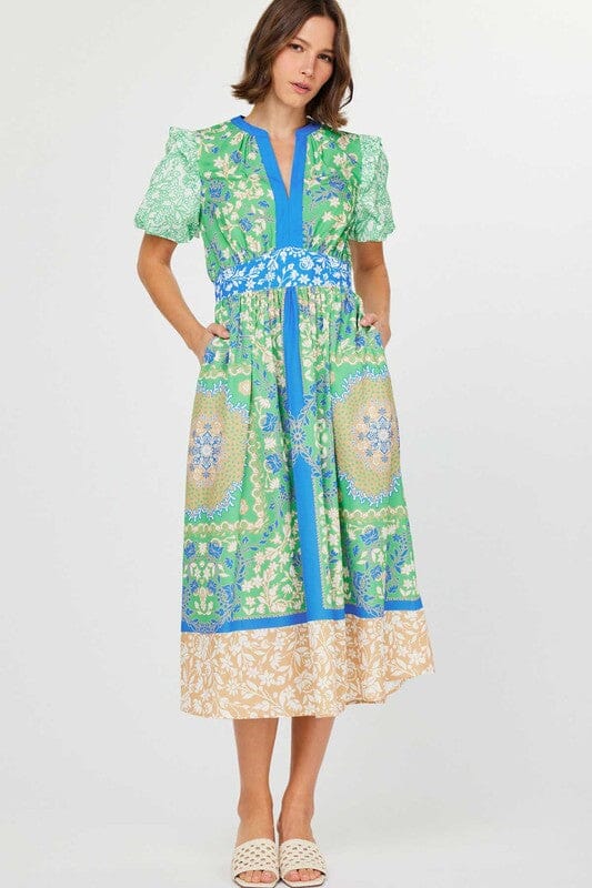 Multi-Floral Puff Sleeve Midi current air 