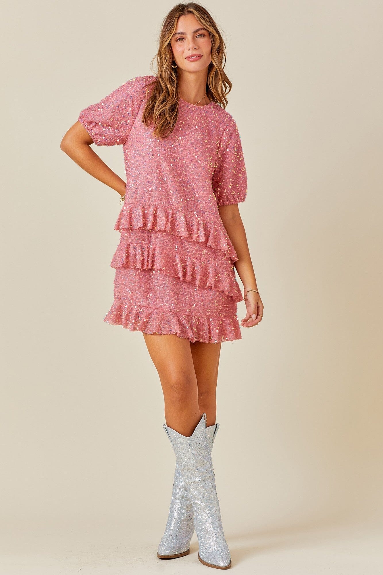 MULTI TIERED SEQUIN MINI DRESS WITH PUFF SLEEVES day + moon 