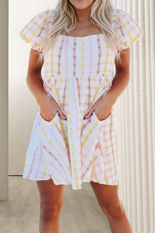 Multicolor Plaid Square Neck Skater Dress Shiying 
