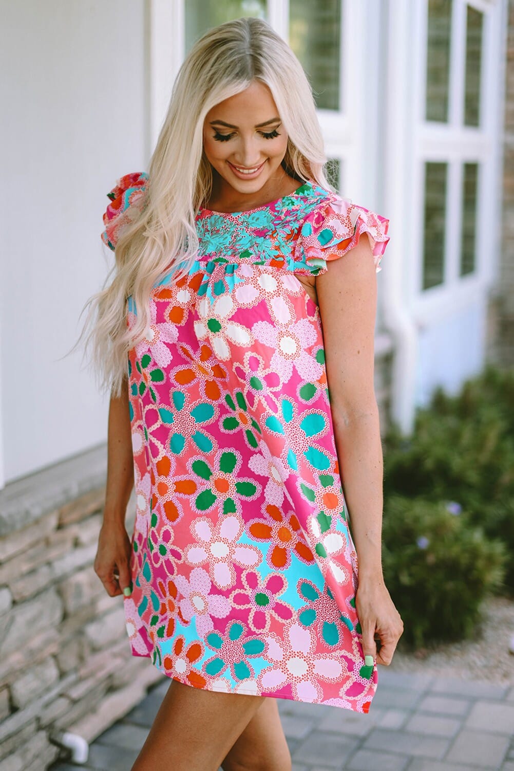 Multicolor Ruffle Short Sleeve Floral Dress Youmi 