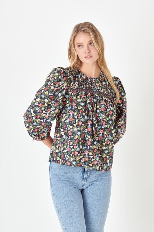 Navy Floral Pintuck Top English Factory 