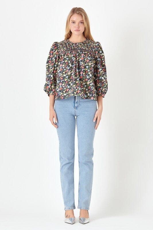 Navy Floral Pintuck Top English Factory 