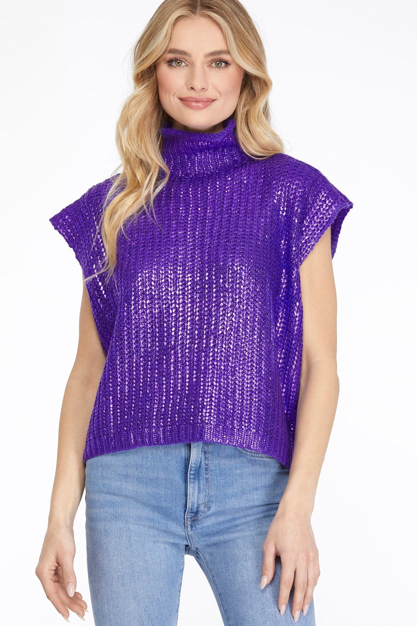 NEW Foil Mock Neck SS Sweater she + sky 