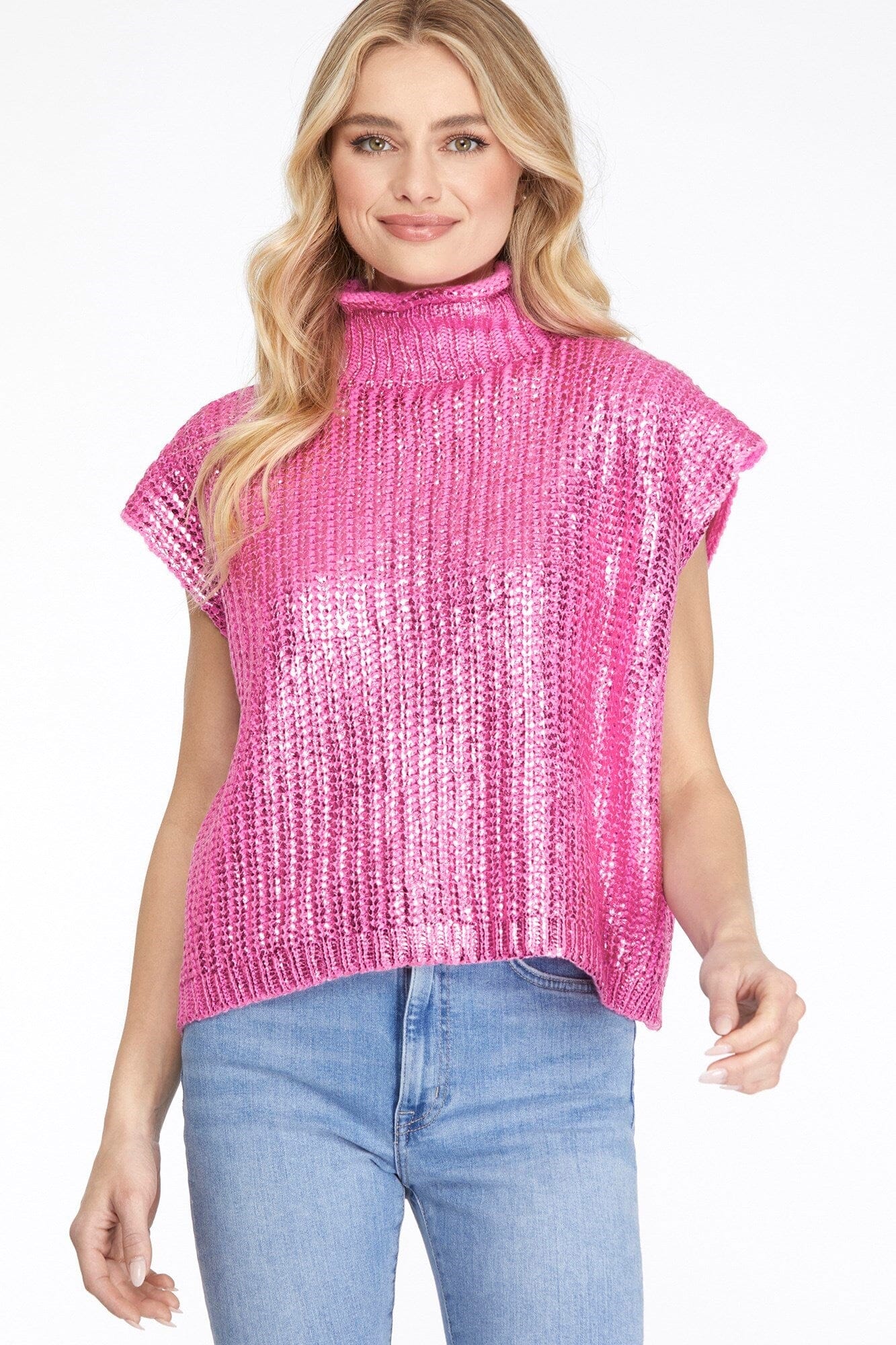 NEW Foil Mock Neck SS Sweater she + sky 